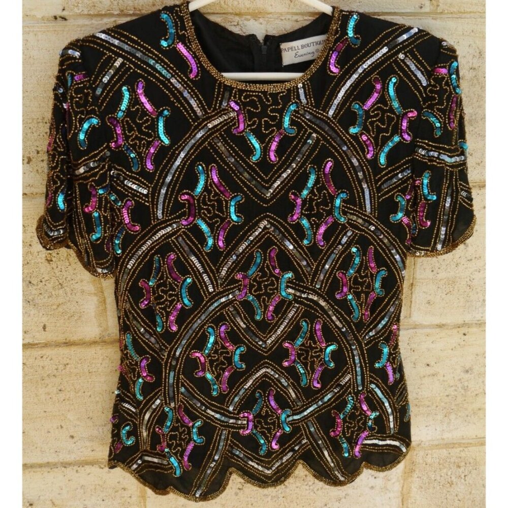 Adrianna Papell Boutique Top Womens Black Vintage Sequin Beads Silk Evening Glam
